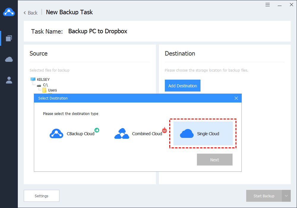 Select Destination Single Cloud
