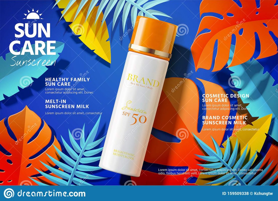 Sunscreen Spray Product Lying Colorful Paper Art Tropical Leaves D Illustration Sunblock Ads Sunscreen Spray Product Ads 159509338