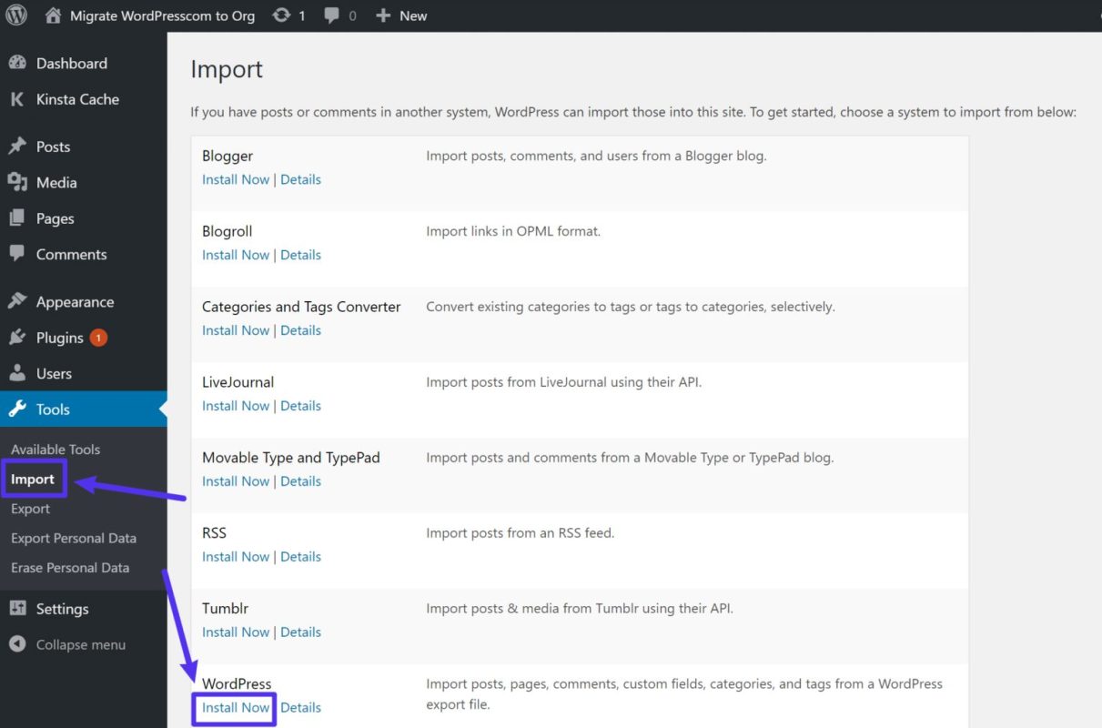 Import on WordPress.org